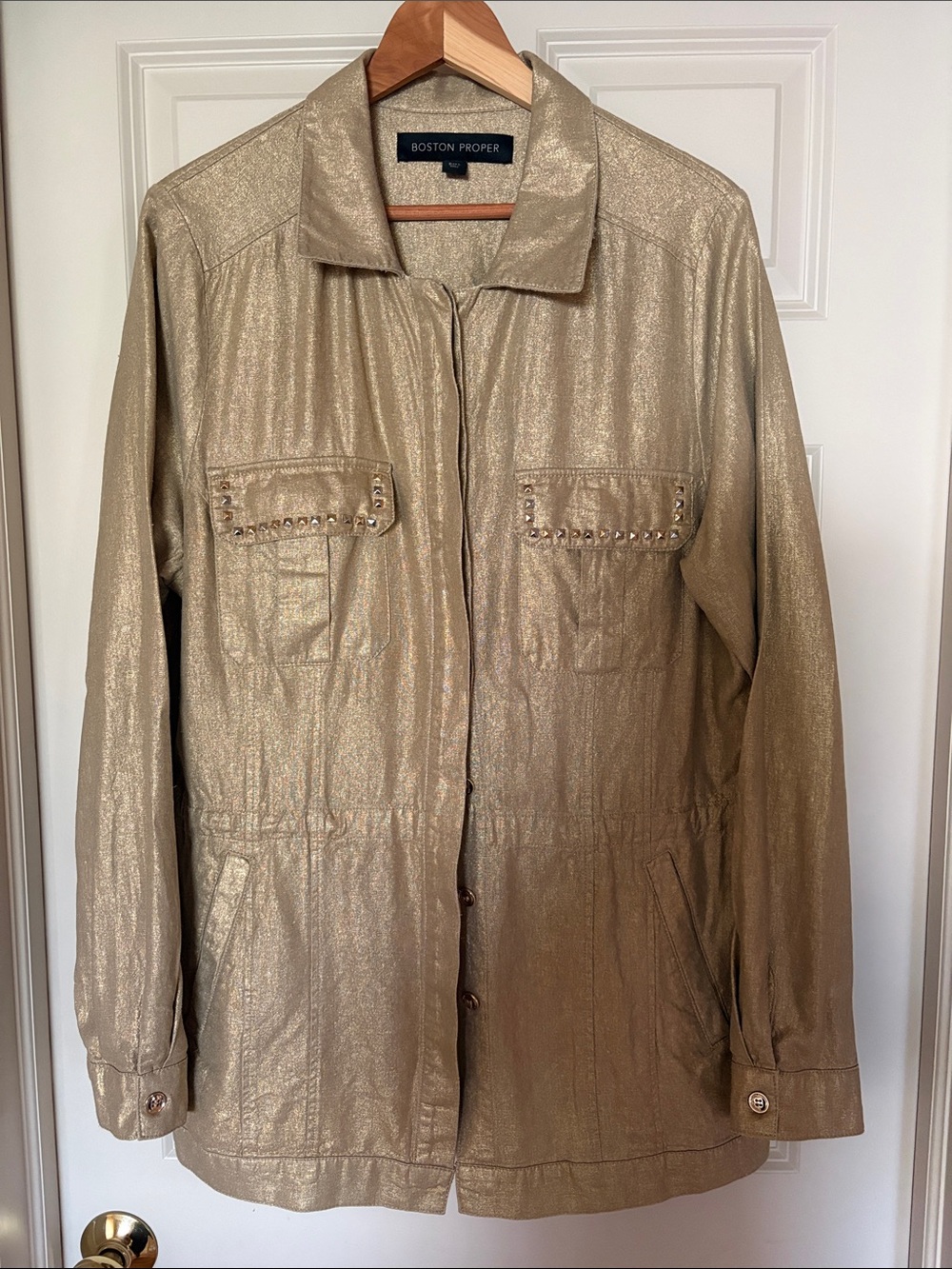 Boston Proper Shimmering Gold Utility Jacket with Stud-Flap Pockets